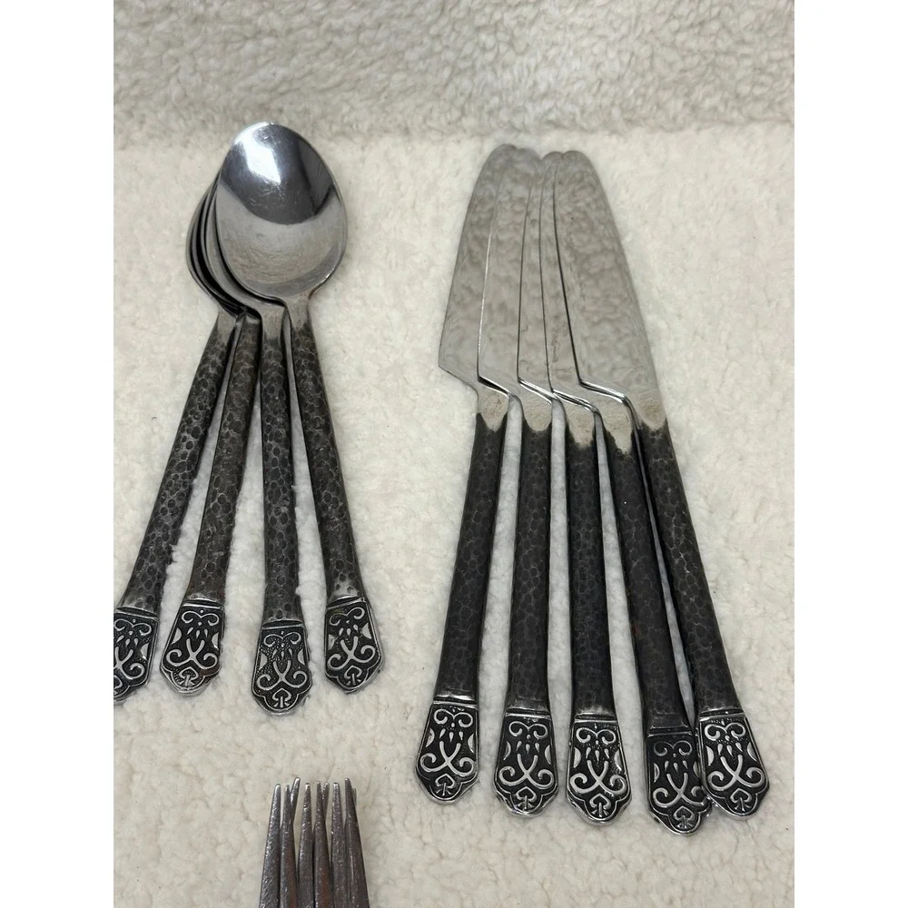 Mixed Lot 17pc Flatware Stainless Hammered Ornate Avalon Dark Metal